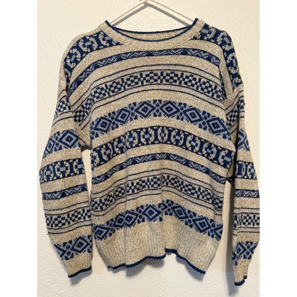 Lizwear Vintage Geometric Fair Isle Knit Cotton Sweater Blue Beige Made in USA S